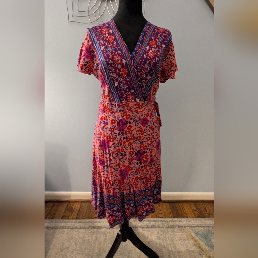 Akivide Women's Summer Boho Floral Print Wraparound Dress (L) - Picture 2 of 7